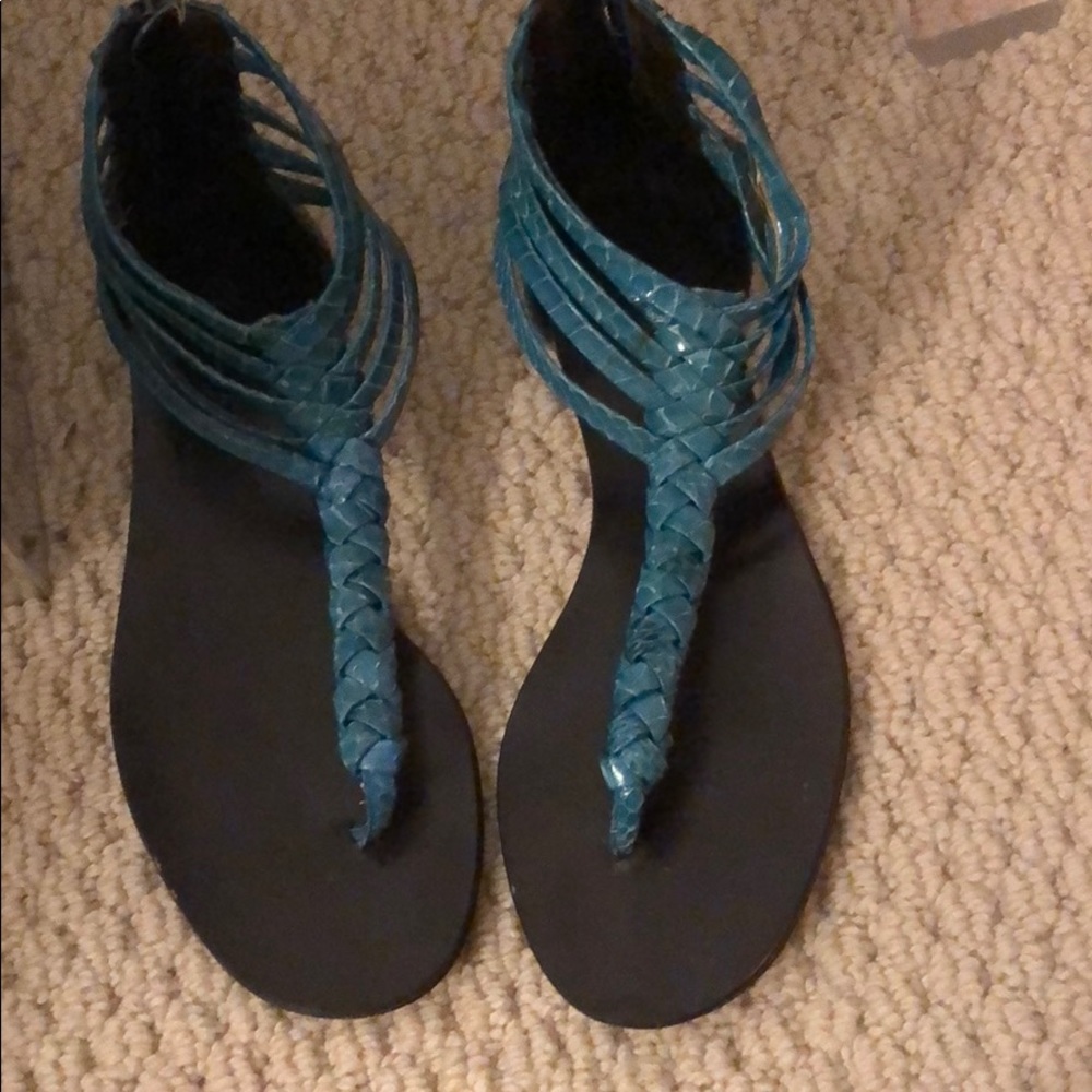 Elizabeth and James. Turquoise snake skin sandal.